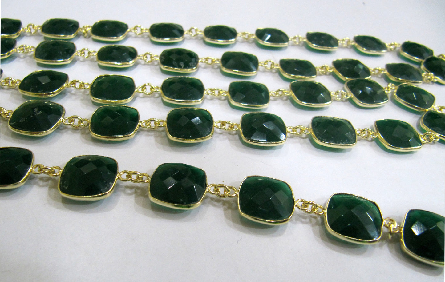 Green Onyx Chalcedony 13mm Cushion Briolette Shape Gemstone Bezel Connector Chain Sold Per Foot Handmade Chain