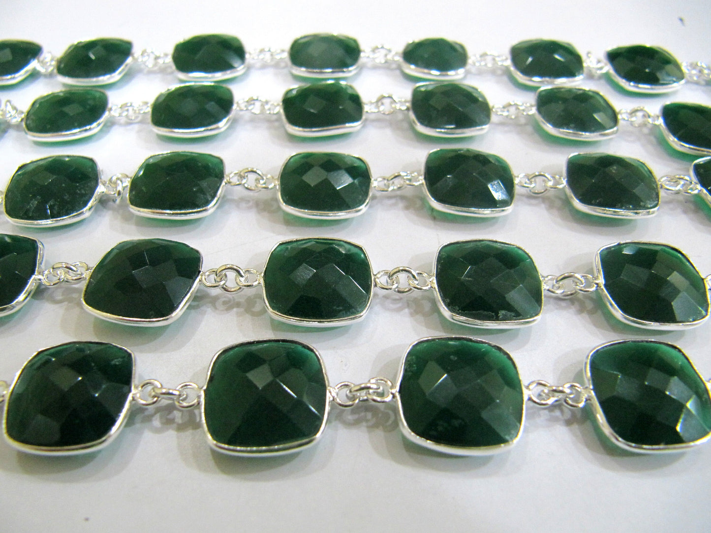 Green Onyx Chalcedony 13mm Cushion Briolette Shape Gemstone Bezel Connector Chain Sold Per Foot Handmade Chain