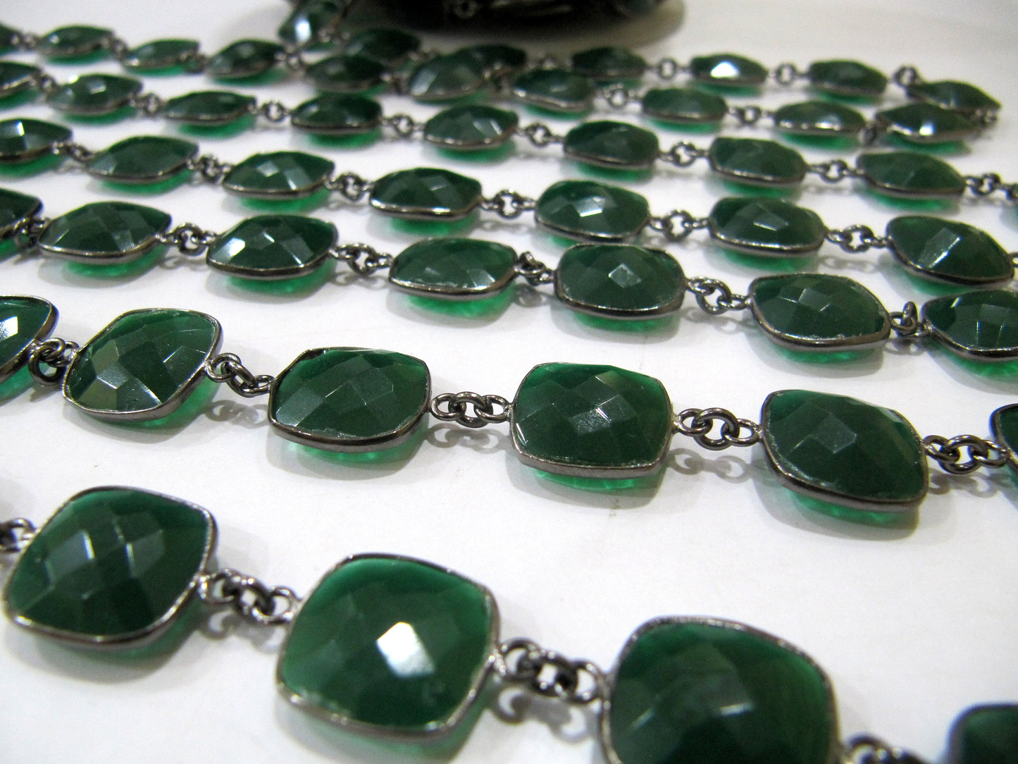 Green Onyx Chalcedony 13mm Cushion Briolette Shape Gemstone Bezel Connector Chain Sold Per Foot Handmade Chain