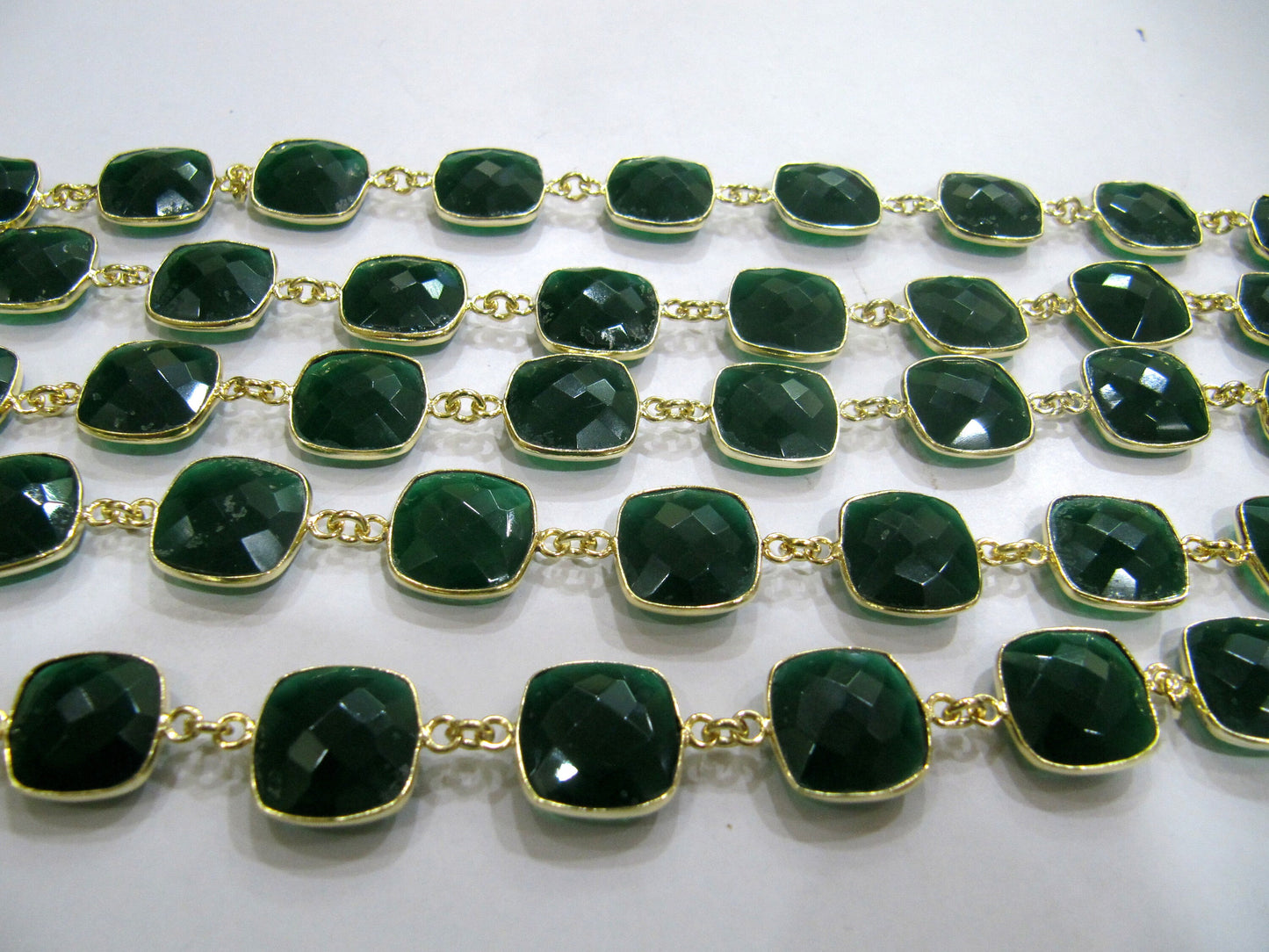 Green Onyx Chalcedony 13mm Cushion Briolette Shape Gemstone Bezel Connector Chain Sold Per Foot Handmade Chain