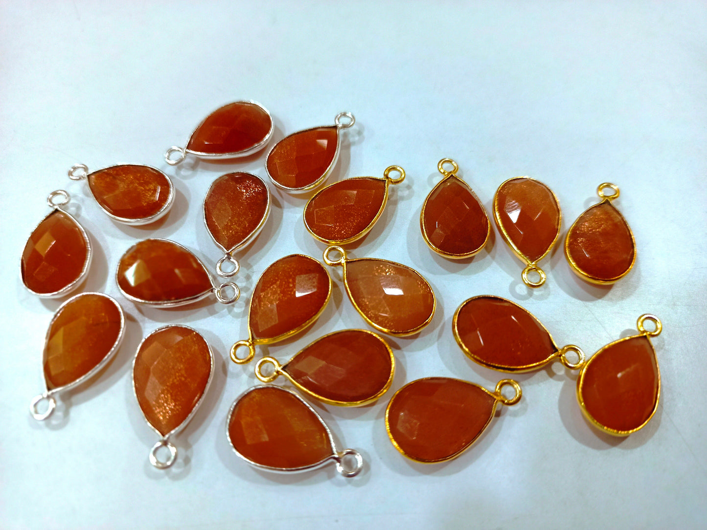 Natural Gemstone Peach Moonstone Pear Shape Bezel Connector charms 10 mm Size Connector Single Loop Briolette Connectors sold per piece