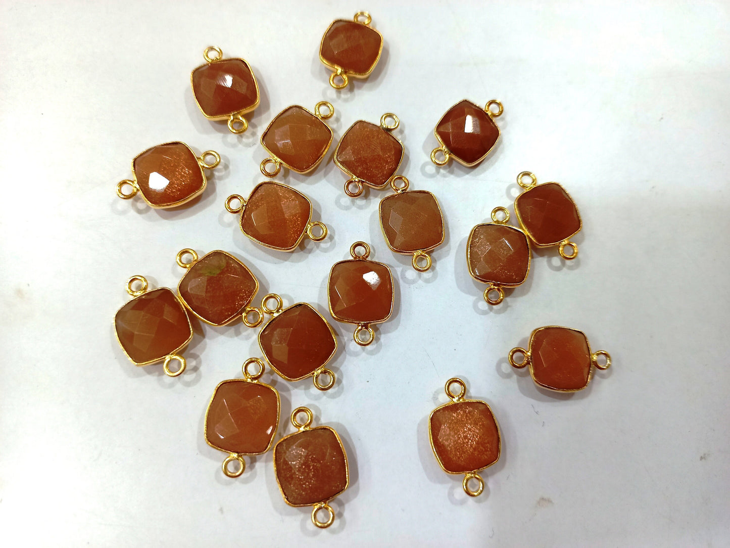 Natural Peach Moonstone Cushion Shape 10mm Briolette connector  Bezel Charms Sold Per piece Choose the Loop Pattern