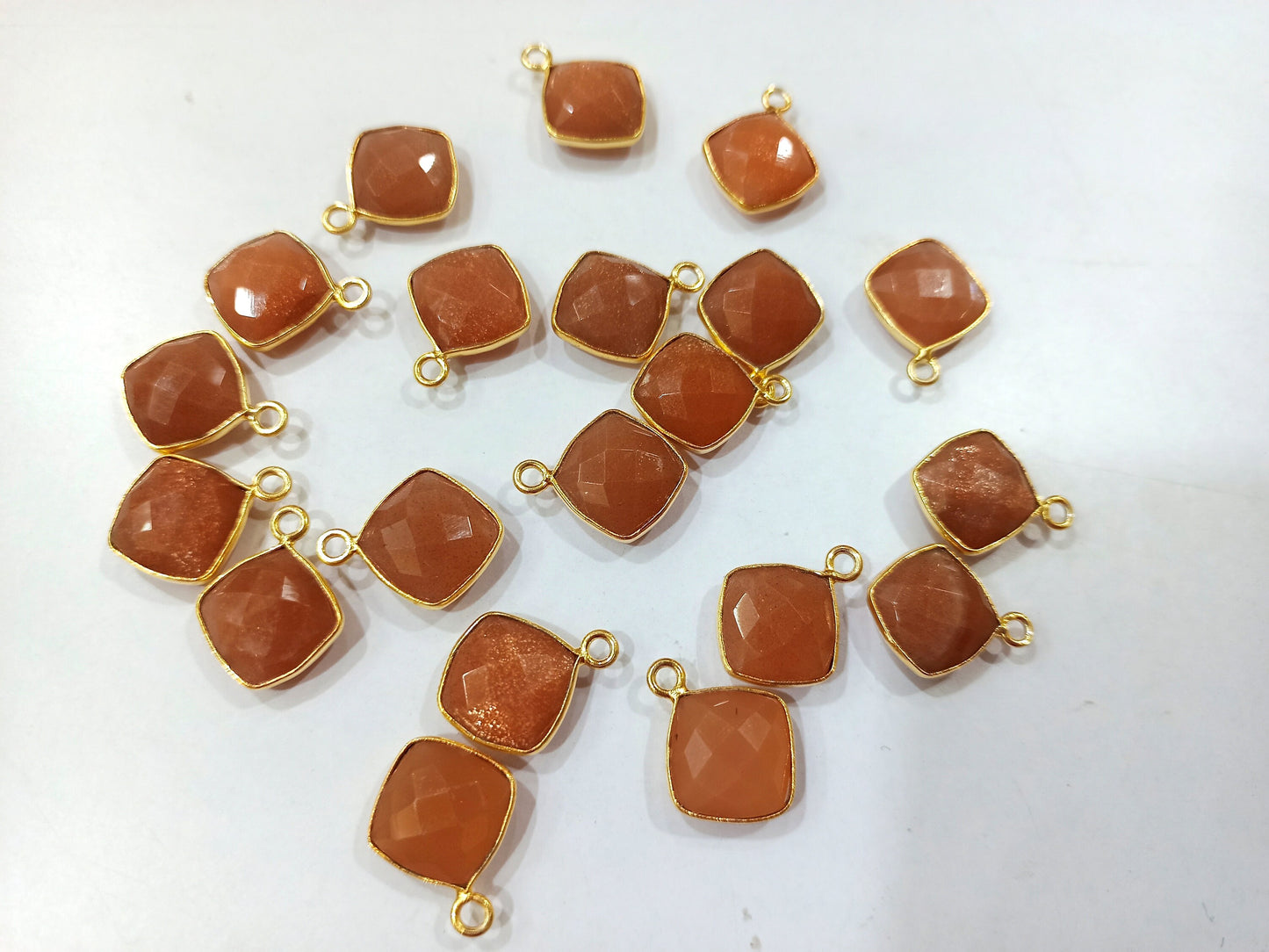 Natural Peach Moonstone Cushion Shape 10mm Briolette connector  Bezel Charms Sold Per piece Choose the Loop Pattern