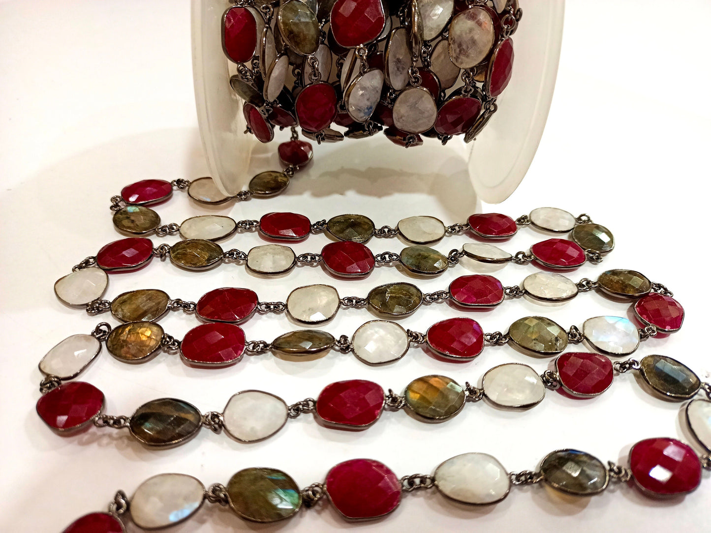 Natural Multi Gemstone Ruby Labradorite Rainbow Moonstone Briolette 12 to 16mm Bezel Connector Chain Sold per foot wholesale Rate