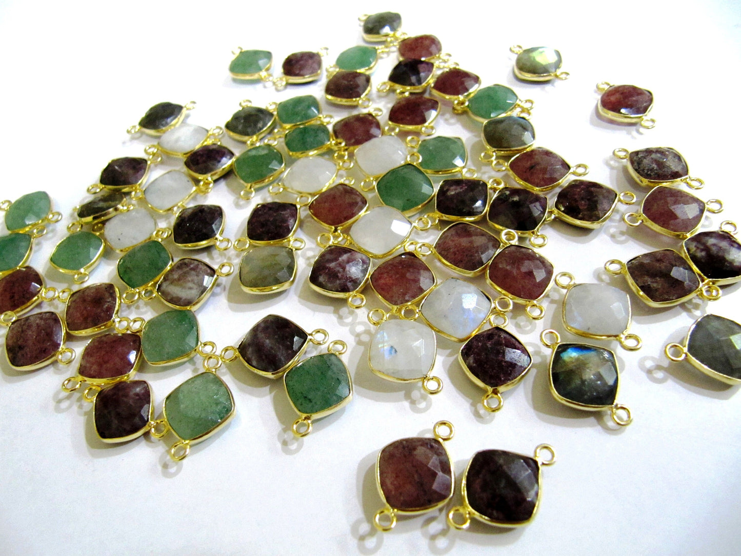 Natural Gemstones Briolette Faceted 10mm Cushion Square Shape Double Loop Bezel Connector charms Choose the Plating color Sold Per Piece