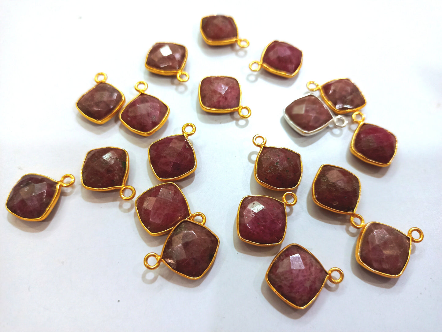Natural Rhodochrosite Cushion Shape 10mm Briolette connector  Bezel Charms Sold Per piece Choose the Loop Pattern