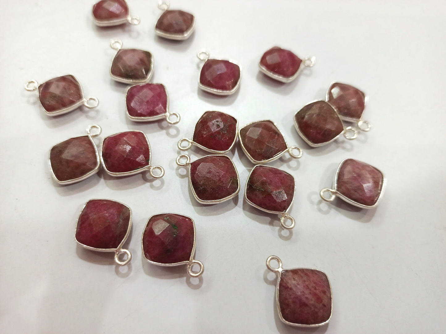 Natural Rhodochrosite Cushion Shape 10mm Briolette connector  Bezel Charms Sold Per piece Choose the Loop Pattern