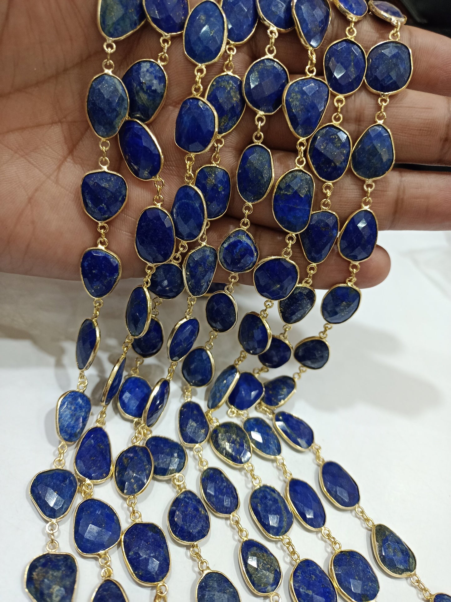 Natural Lapis Lazuli Uneven Free Shape Briolette Faceted Bezel Connector Chain 10 to 15mm Sold Per Foot High Quality Wholesale price
