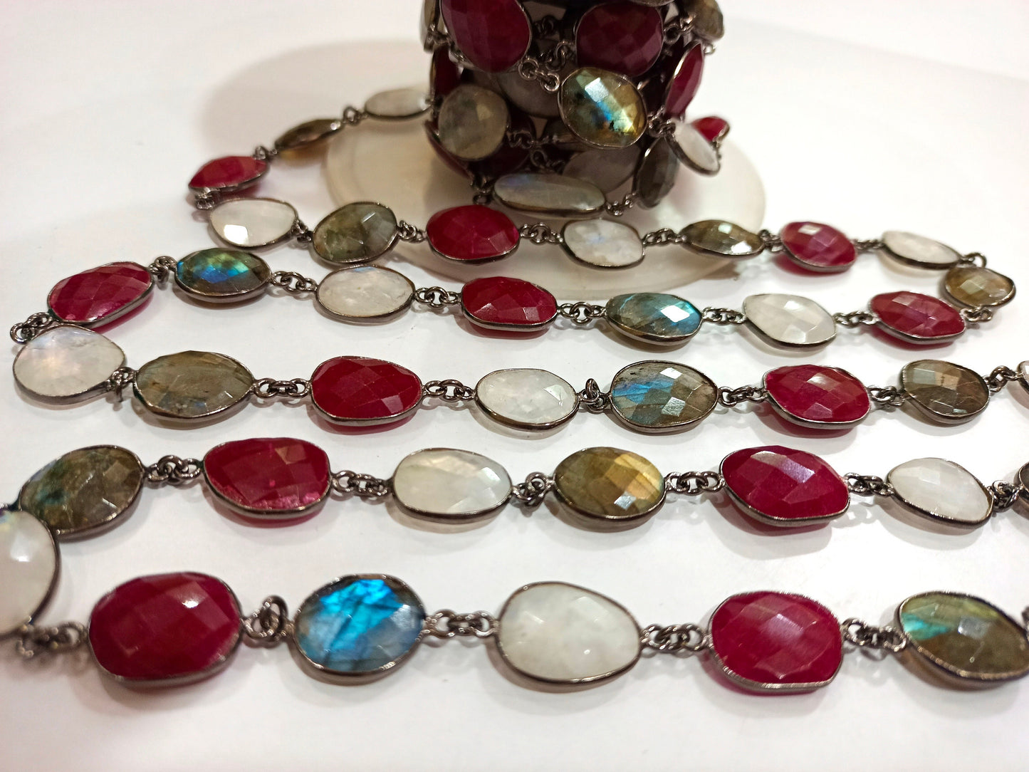 Natural Multi Gemstone Ruby Labradorite Rainbow Moonstone Briolette 12 to 16mm Bezel Connector Chain Sold per foot wholesale Rate