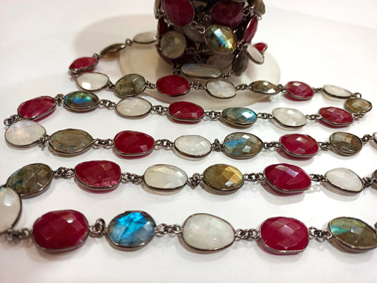 Natural Multi Gemstone Ruby Labradorite Rainbow Moonstone Briolette 12 to 16mm Bezel Connector Chain Sold per foot wholesale Rate