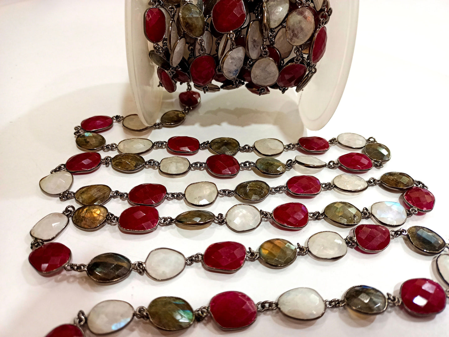 Natural Multi Gemstone Ruby Labradorite Rainbow Moonstone Briolette 12 to 16mm Bezel Connector Chain Sold per foot wholesale Rate