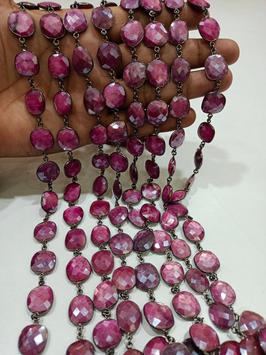 Natural Pink Moonstone  Silver coated Free Shape Briolette Bezel Connector Chain 12 to 15mm Sold Per Foot High Quality
