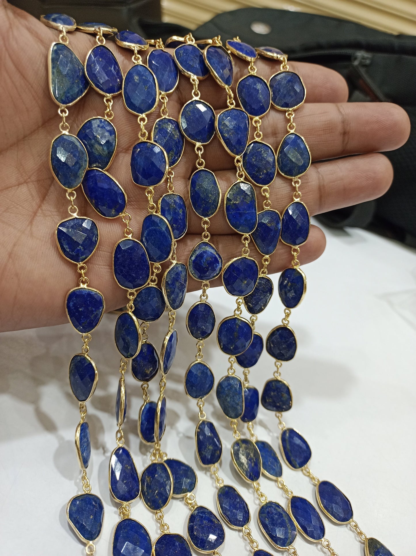 Natural Lapis Lazuli Uneven Free Shape Briolette Faceted Bezel Connector Chain 10 to 15mm Sold Per Foot High Quality Wholesale price