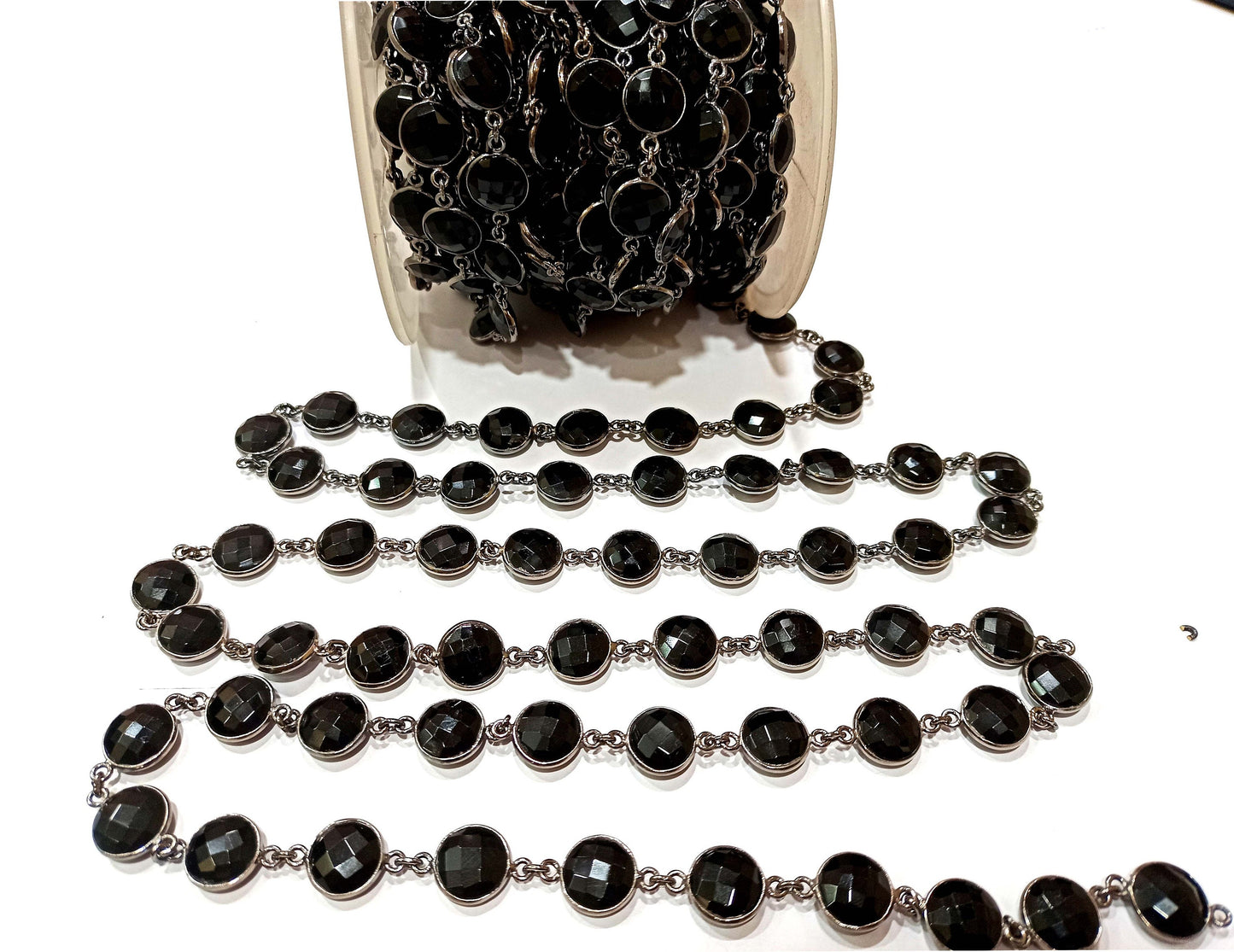 Natural Black Onyx Round Coin Shape Briolette Faceted 12mm Bezel Connector Chain  Sold Per Foot High Quality  Wholesale price