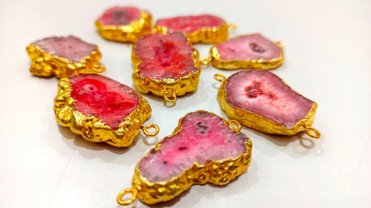 2 Pcs Pink Solar Quartz Stalactite Connectors gold Electroplated Double Loop Bezel Charms