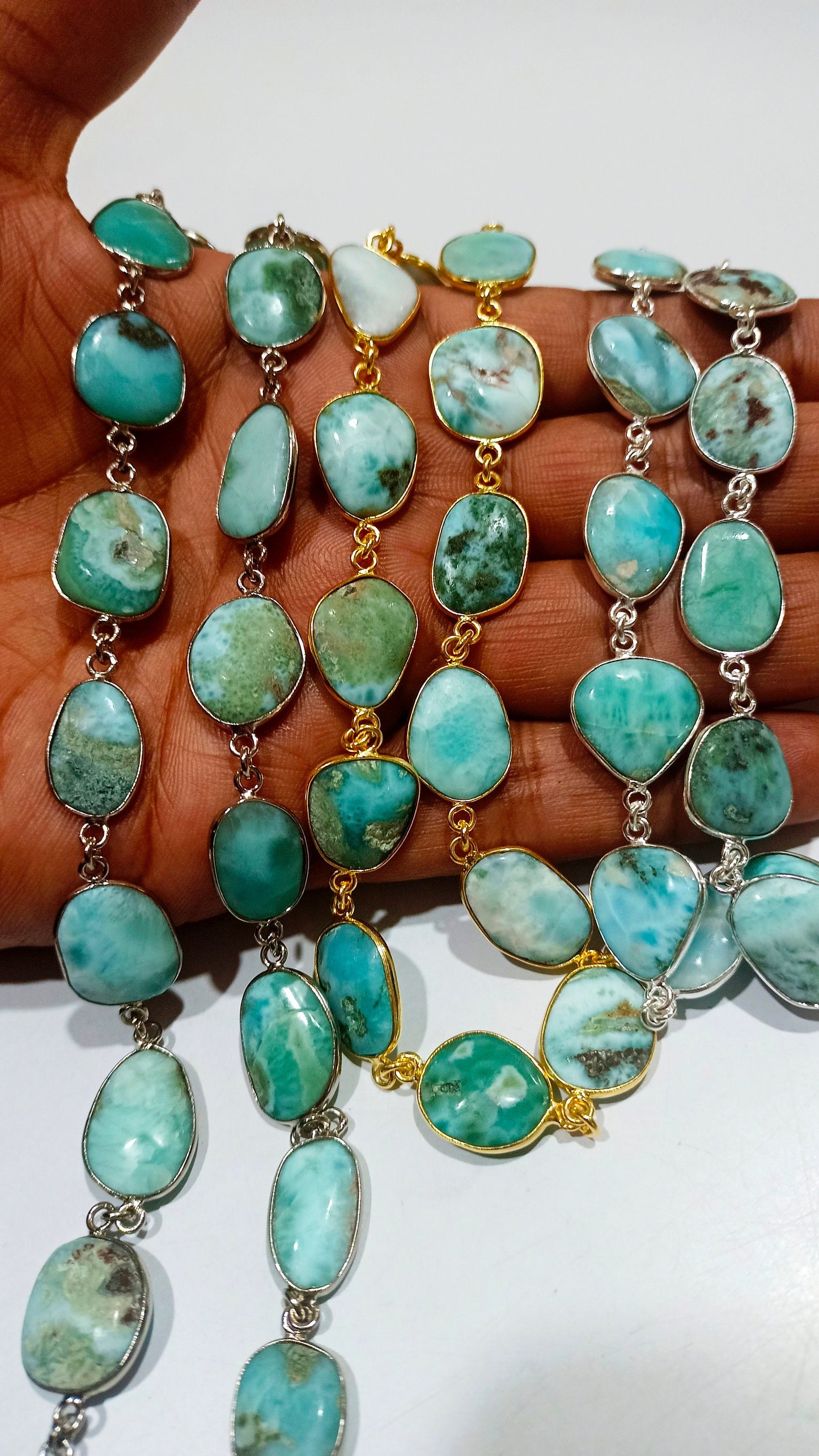 Natural Larimar Free Shape Plain Smooth Uneven Shape 15 to 25mm Bezel connector chain Sold Per Foot