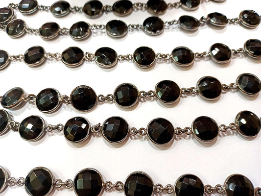 Natural Black Onyx Round Coin Shape Briolette Faceted 12mm Bezel Connector Chain  Sold Per Foot High Quality  Wholesale price