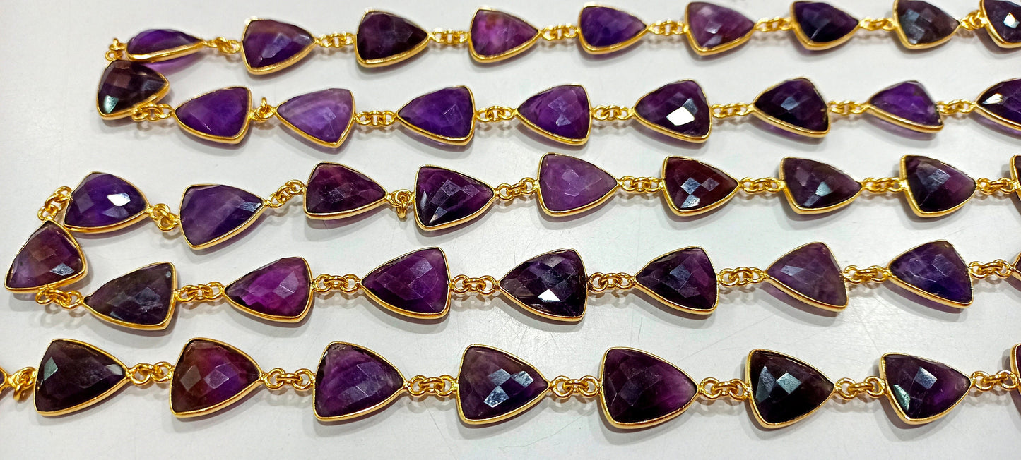 Natural Amethyst Trillion Shape Briolette Faceted Bezel Connector Chain 10x13mm Gold Plated Sold Per Foot High Quality Wholesale Prices