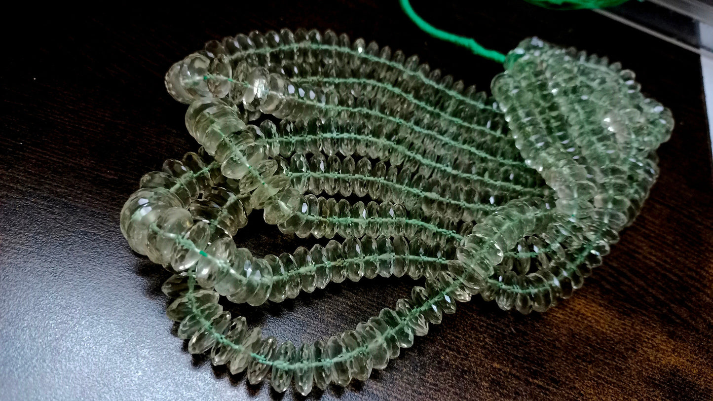 Natural Green Amethyst German Cut Rondelle Faceted 9 to 14mm Beads Sold Per Strand 8 inches long High Quality Beads