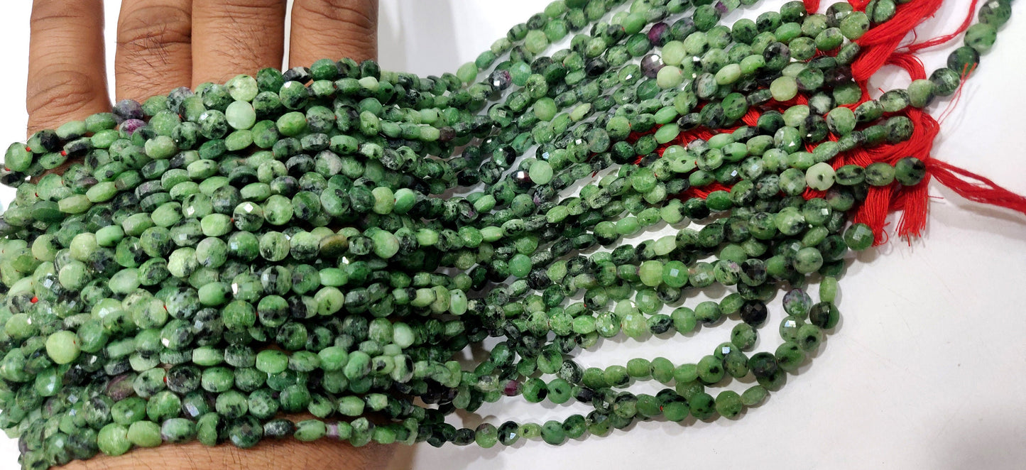 Natural Ruby Zoisite Faceted Coin Shape Briolette Beads Size 6mm sold per Strand 13 Inches Long Wholesale Rate Anyolite Gemstones
