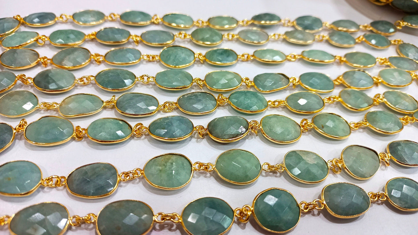 Natural Aquamarine Briolette Connector Chain Free Shape Bezel  Chain 12 to 15 mm Gemstone Handmade Chain sold per foot