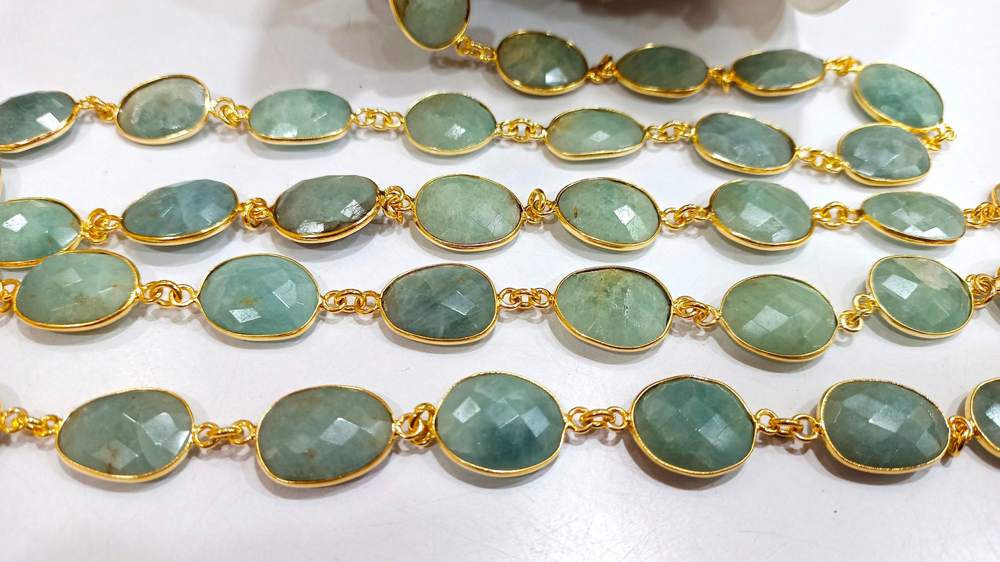 Natural Aquamarine Briolette Connector Chain Free Shape Bezel  Chain 12 to 15 mm Gemstone Handmade Chain sold per foot