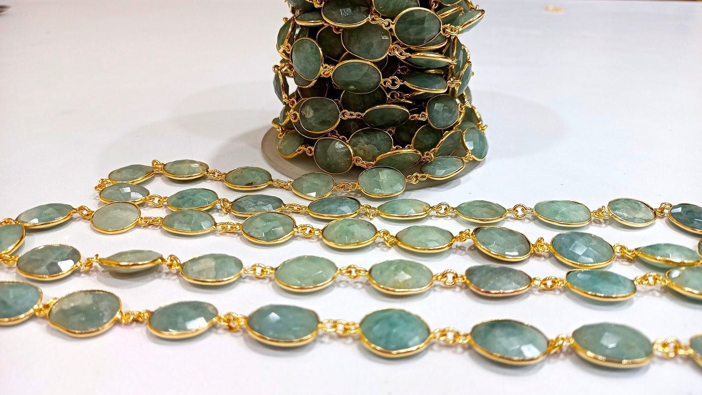 Natural Aquamarine Briolette Connector Chain Free Shape Bezel  Chain 12 to 15 mm Gemstone Handmade Chain sold per foot