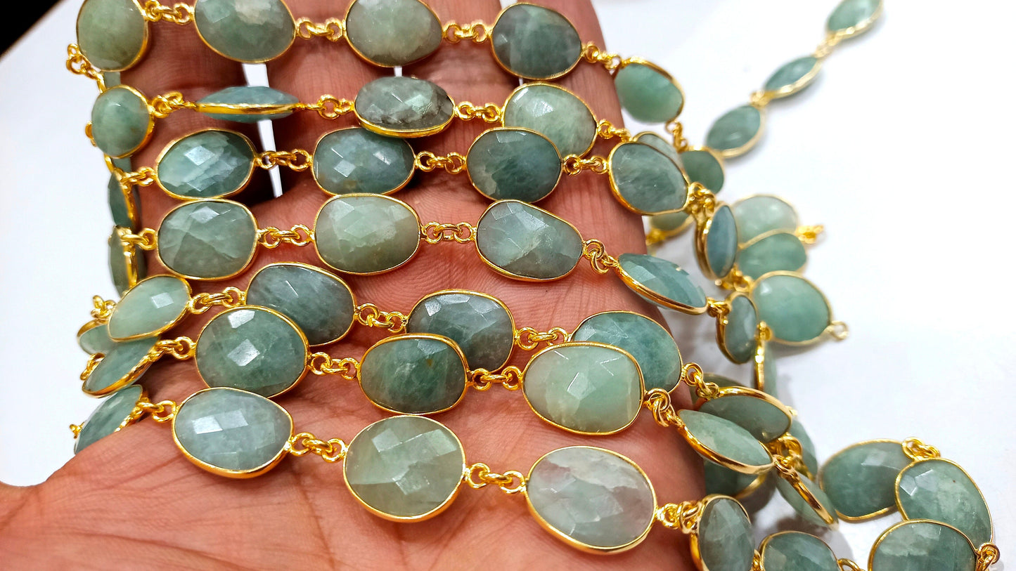 Natural Aquamarine Briolette Connector Chain Free Shape Bezel  Chain 12 to 15 mm Gemstone Handmade Chain sold per foot