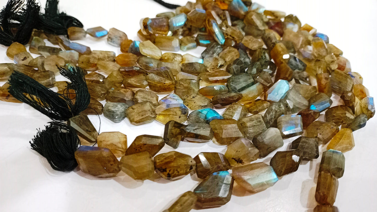 Natural Labradorite Blue Flashy Briolette Laser Cut  Faceted  Nugget Shape 10 to 15mm Tumbled Beads Sold Per Strand 8 Inches Long