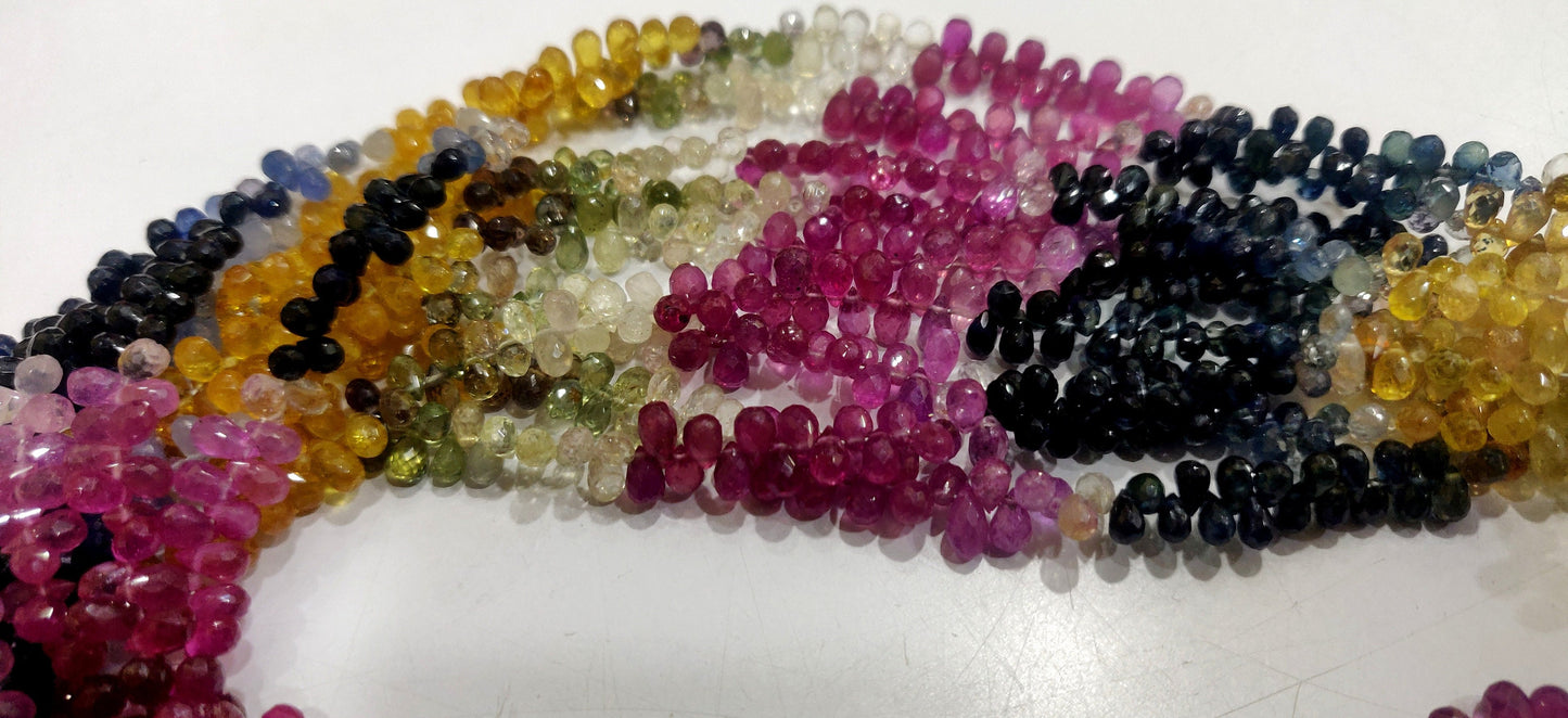 Natural multi Sapphire Teardrop Precious Gemstone Beads 3x5mm to 4x6mm Beads Choose the Length of strands