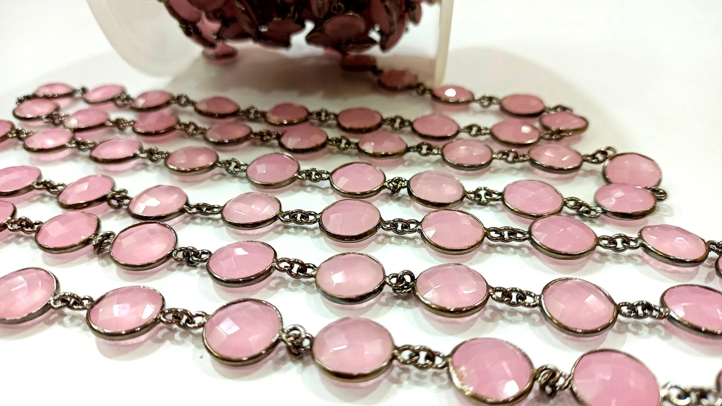 Natural Pink Chalcedony Briolette Coin Shape 12mm Bezel connector chain Sold per Foot Great Quality chain