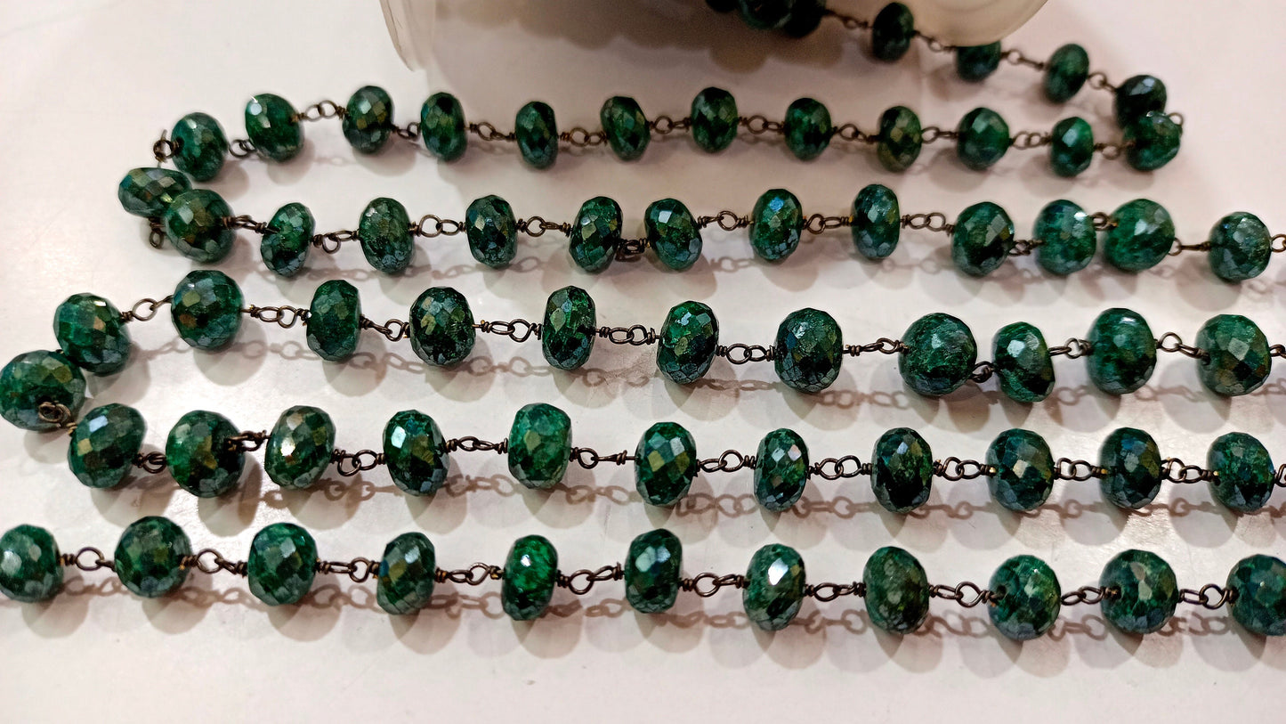 Natural Emerald Silverite Rondelle Faceted 6 to 8 mm Size Beaded Rosary Chain High Quality Jewelry Making Gun Metal Chain Wholesale Price