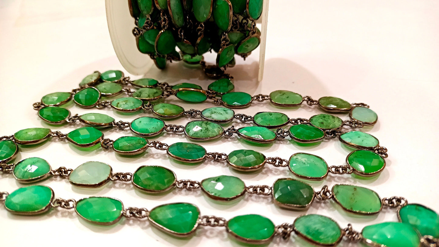 Natural Chrysoprase Connector Uneven Free Shape Briolette Faceted Bezel Connector Chain 12 to 14 mm Gemstone bezel Chain Sold Per Foot