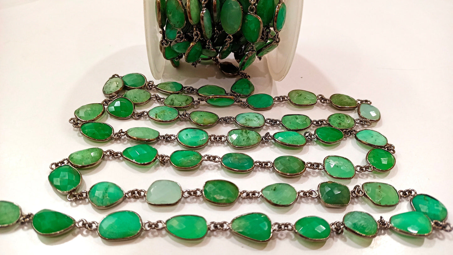 Natural Chrysoprase Connector Uneven Free Shape Briolette Faceted Bezel Connector Chain 12 to 14 mm Gemstone bezel Chain Sold Per Foot