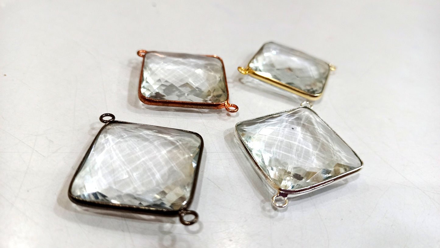 Natural Rock Crystal Quartz Square Cushion Shape Briolette 25 mm Bezel Connector Charm Sold per Piece