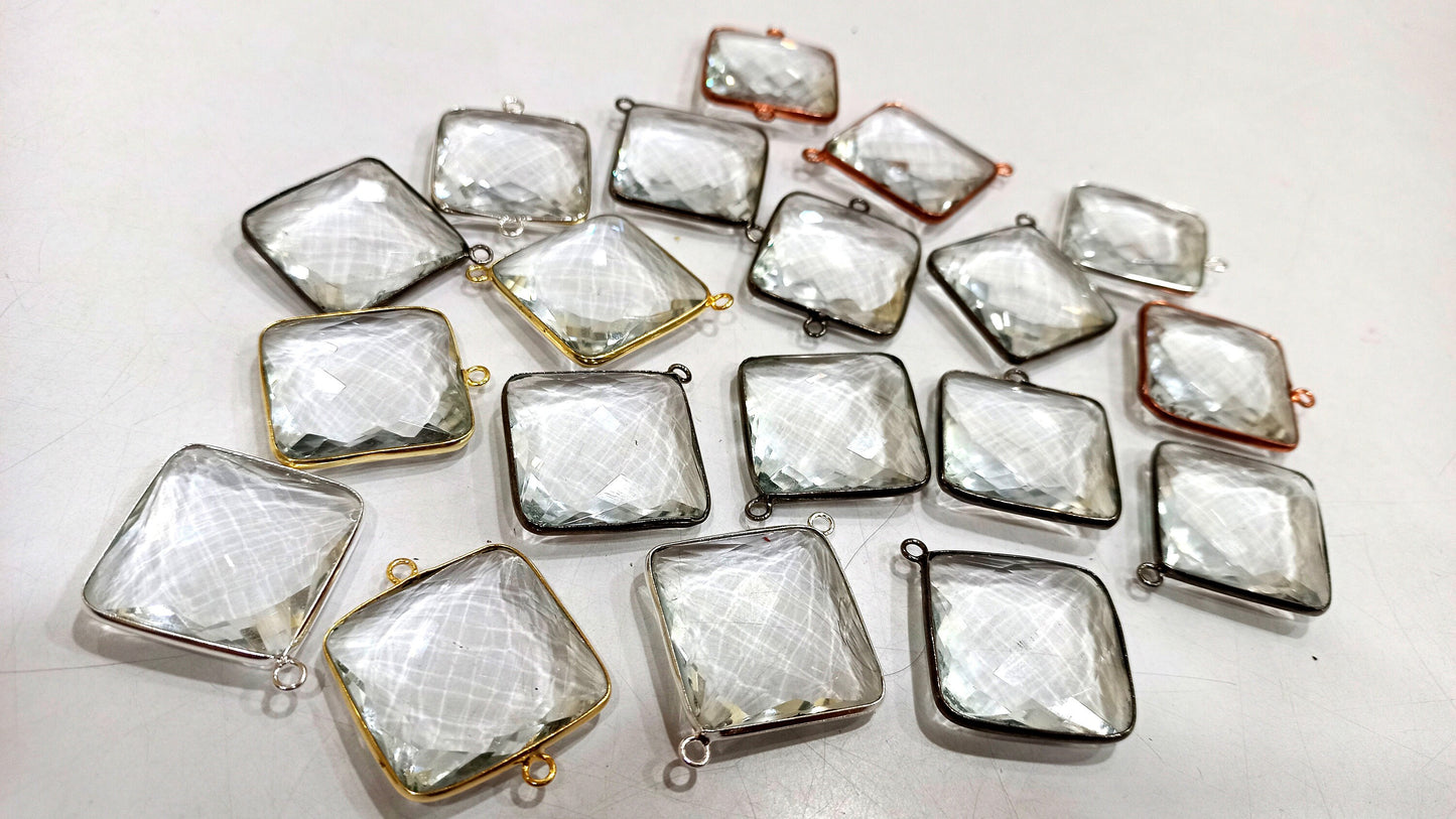 Natural Rock Crystal Quartz Square Cushion Shape Briolette 25 mm Bezel Connector Charm Sold per Piece