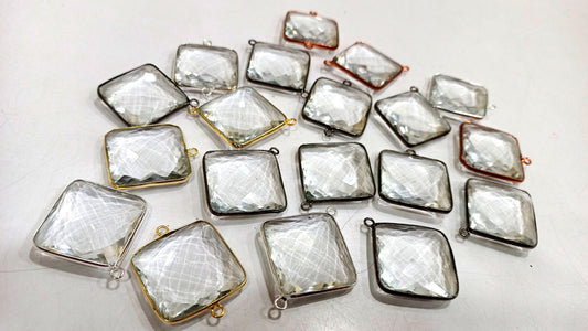 Natural Rock Crystal Quartz Square Cushion Shape Briolette 25 mm Bezel Connector Charm Sold per Piece