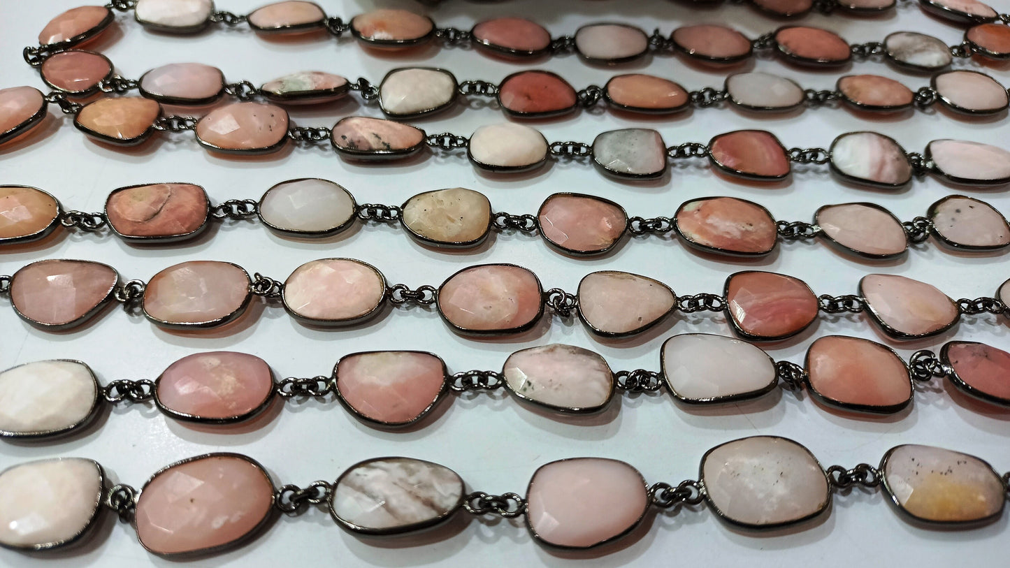 Natural Pink Opal Gemstone Briolette Free shape 13 to 16mm Bezel Connector chain Sold Per Foot great Quality Chain