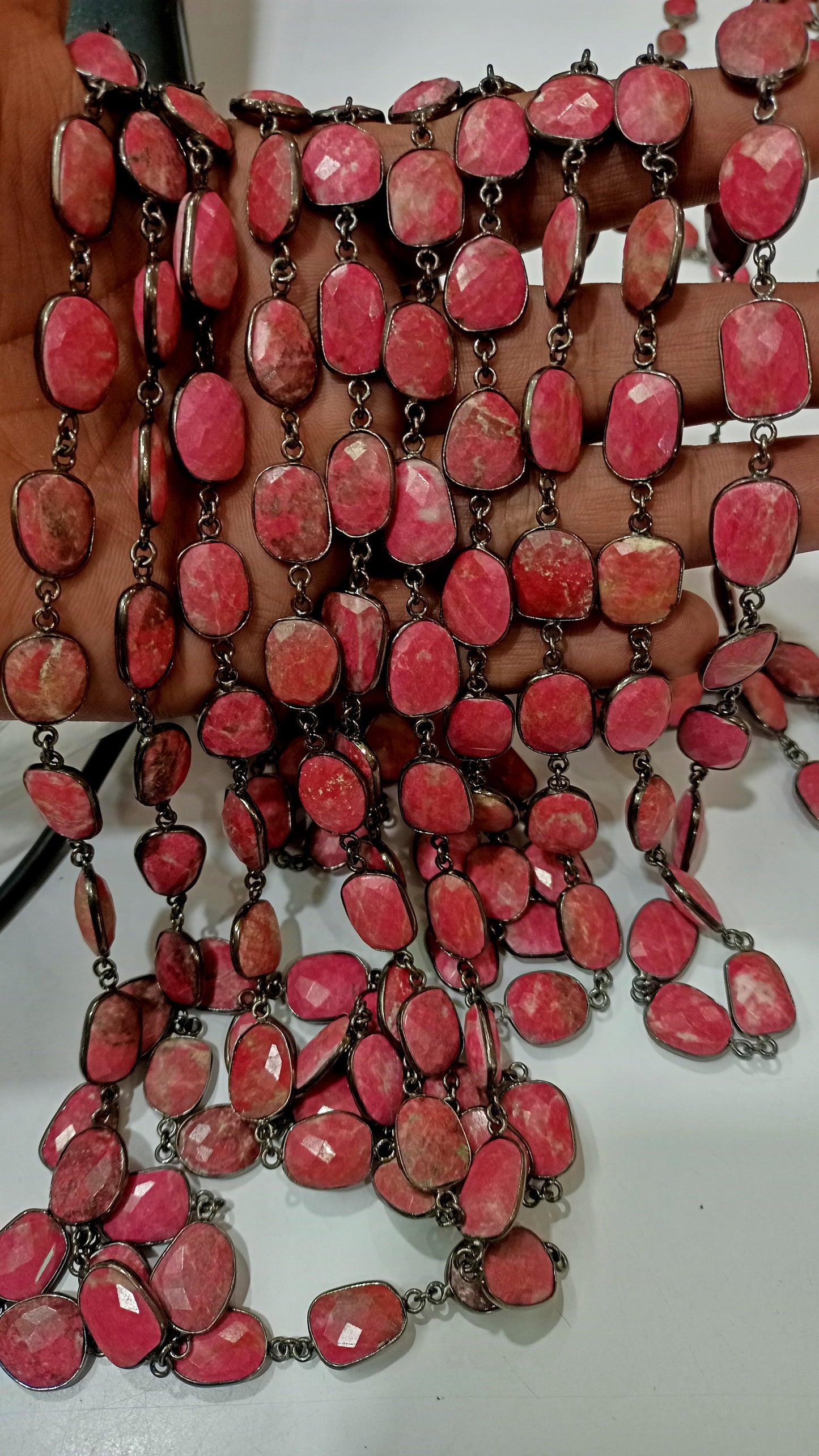 Natural Thulite Gemstone Briolette Free shape 12 to 15mm Bezel Connector chain Sold Per Foot great Quality Chain