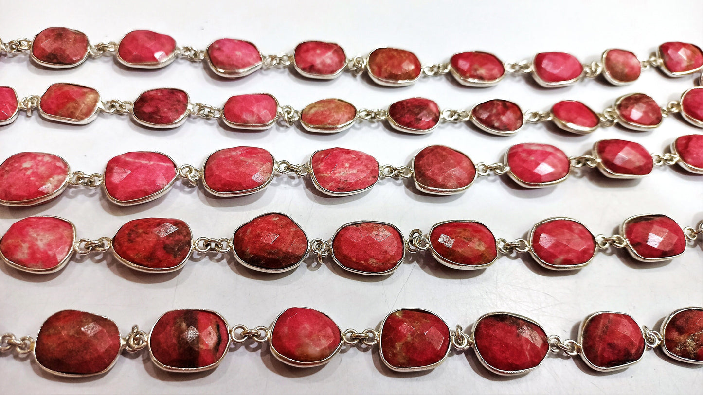 Natural Thulite Gemstone Briolette Free shape 12 to 15mm Bezel Connector chain Sold Per Foot great Quality Chain