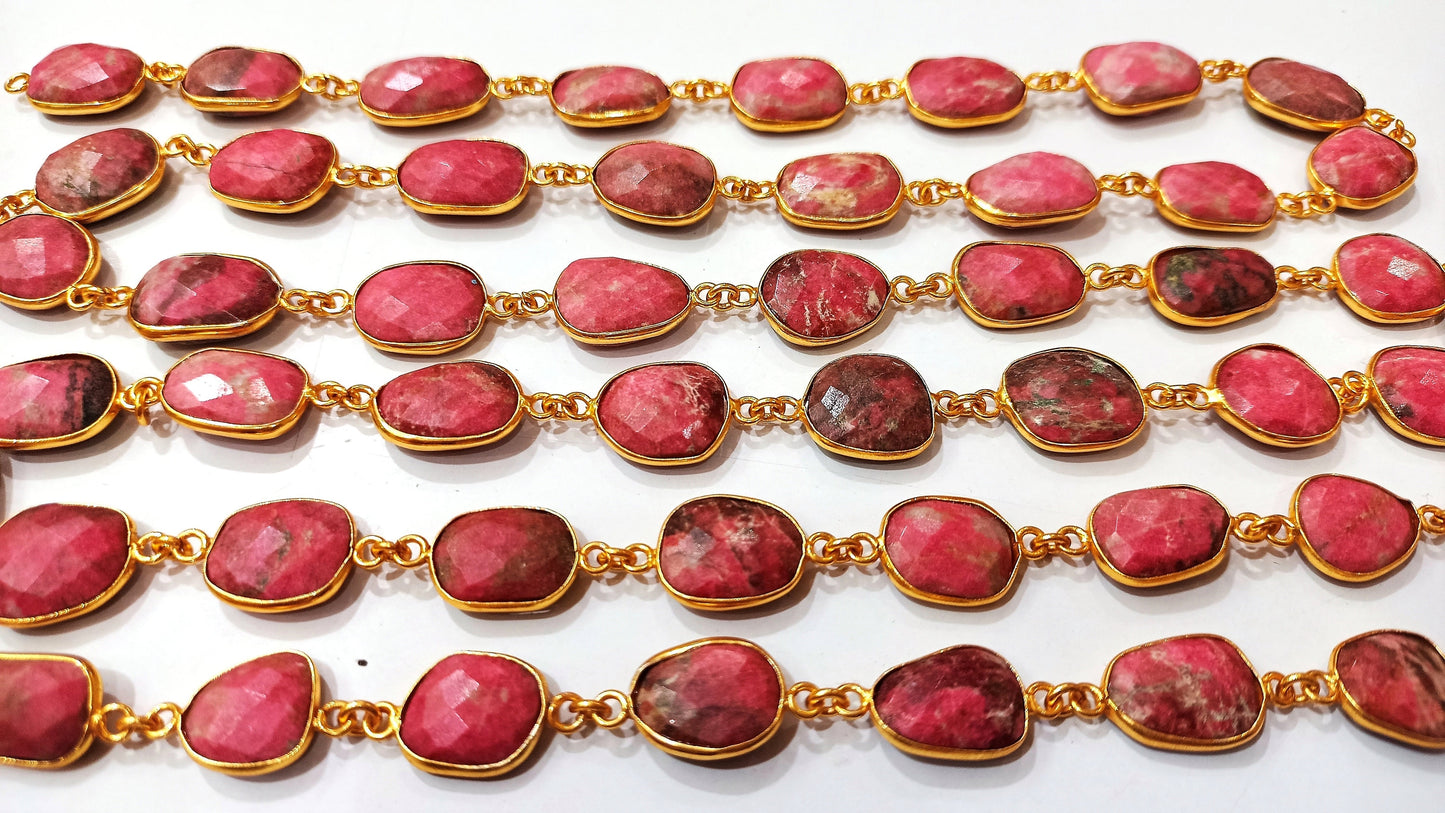 Natural Thulite Gemstone Briolette Free shape 12 to 15mm Bezel Connector chain Sold Per Foot great Quality Chain