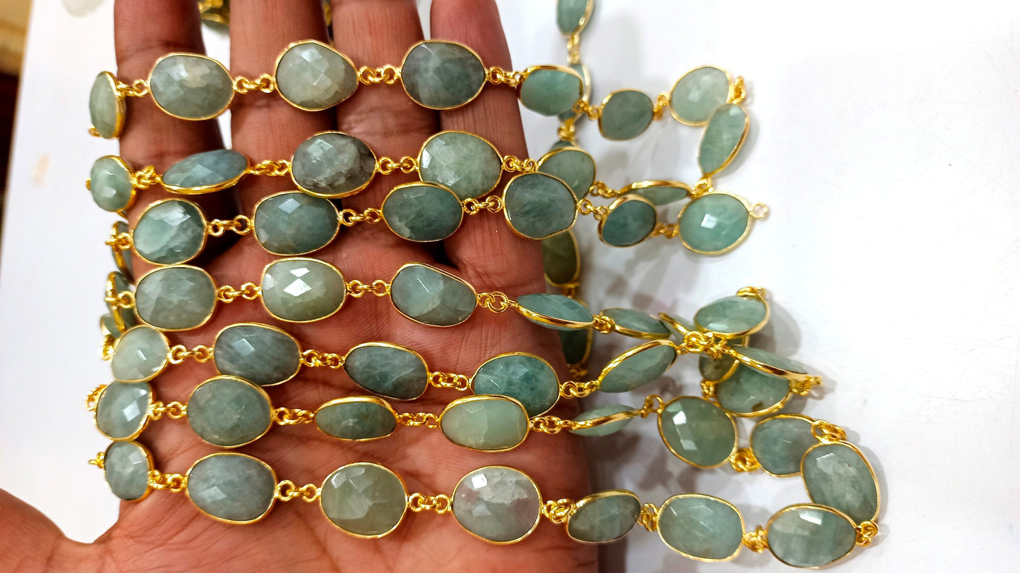 Natural Aquamarine Briolette Connector Chain Free Shape Bezel  Chain 12 to 15 mm Gemstone Handmade Chain sold per foot