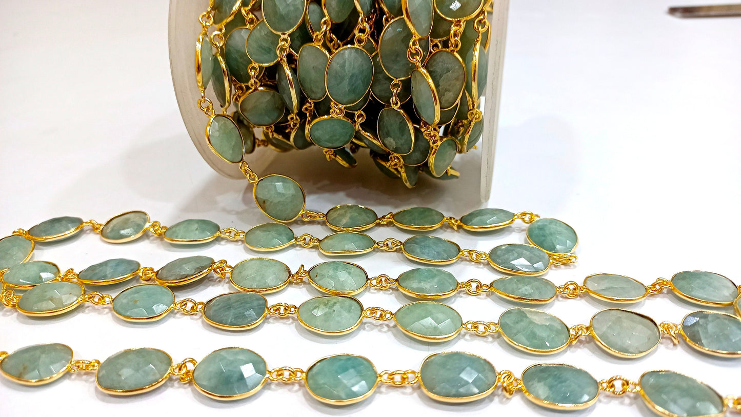 Natural Aquamarine Briolette Connector Chain Free Shape Bezel  Chain 12 to 15 mm Gemstone Handmade Chain sold per foot