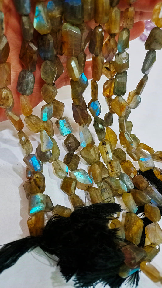 Natural Labradorite Blue Flashy Briolette Laser Cut  Faceted  Nugget Shape 10 to 15mm Tumbled Beads Sold Per Strand 8 Inches Long