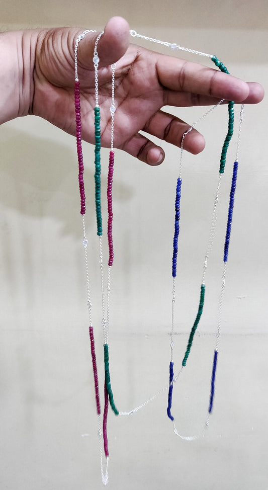 Natural Precious Gemstone 4mm Rondelle faceted Beaded Sterling Silver Necklace 34 Inches Ruby Sapphire Emerald CZ connector Link Necklace