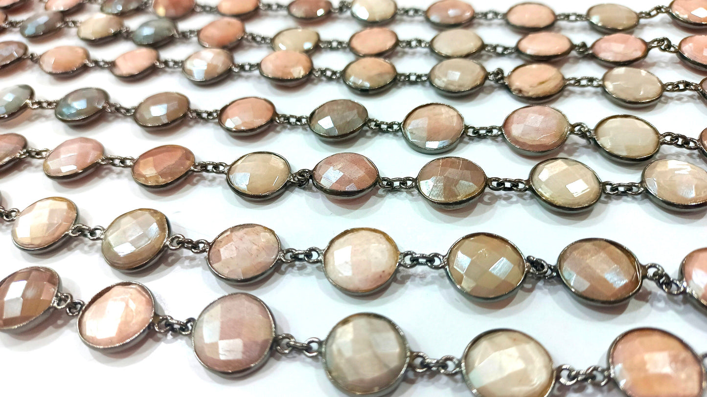 Natural Multi Moonstone Coin Shape Briolette Mystic Coated 12mm Bezel Connector Chain Sold Per Foot