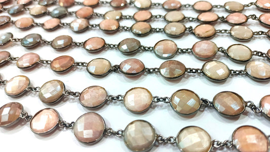 Natural Multi Moonstone Coin Shape Briolette Mystic Coated 12mm Bezel Connector Chain Sold Per Foot