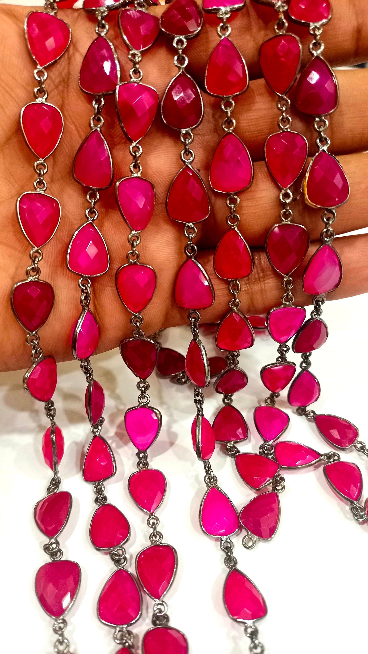 Natural Hot Pink Chalcedony Trillion Cut Triangle Shape Briolette Faceted Bezel Connector Chain 10x13mm Gold Plated Sold Per Foot