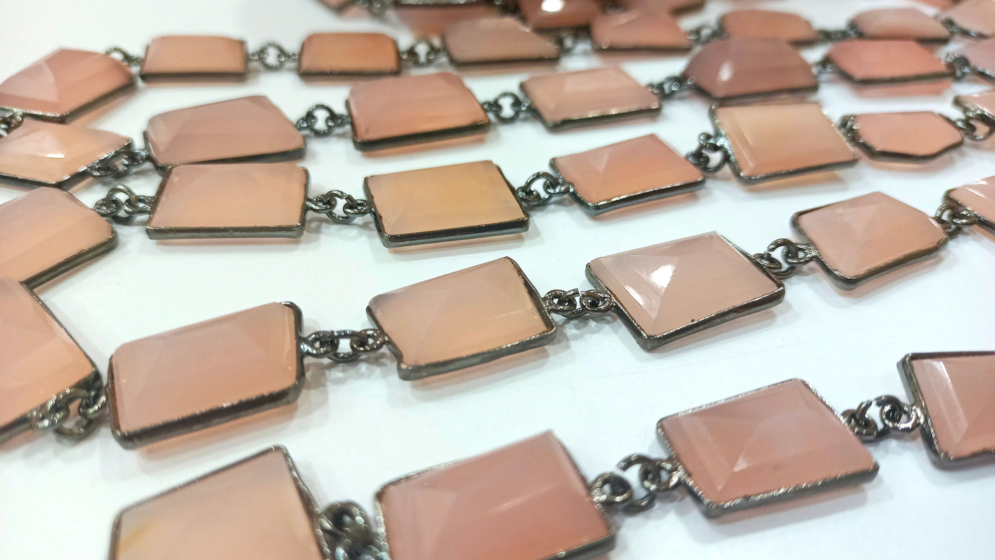 Natural pink Chalcedony 17 to 20mm Free Shape Nugget Tumbled Briolette Faceted Bezel Connector Chain Sold Per Foot Black Plated Chain.