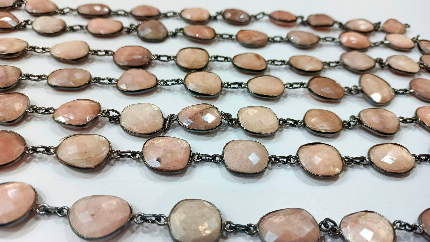 Natural Peach Moonstone Free Shape Briolette Mystic Coated 12 to 15mm Bezel Connector Chain Sold Per Foot